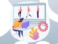 Ilustracja przedstawia mężczyznę pracującego przy komputerze, na ekranie którego widnieją animowane postacie.