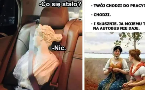 Dwie części memów: popiersie w samochodzie i dwie kobiety rozmawiające.