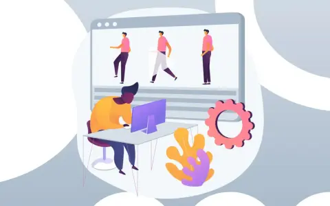 Ilustracja przedstawia mężczyznę pracującego przy komputerze, na ekranie którego widnieją animowane postacie.
