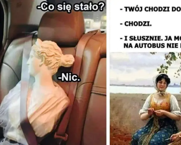 Dwie części memów: popiersie w samochodzie i dwie kobiety rozmawiające.